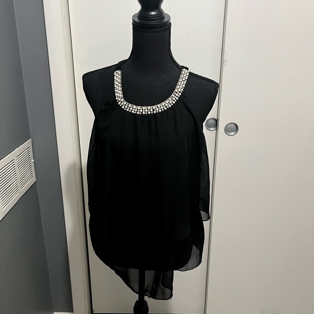 Black Sleeveless Top with Rhinestone Neckline